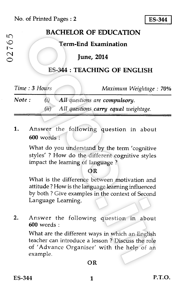 ignou-es-344-teaching-of-english-b-ed-question-paper-june-2014