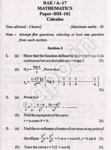 KUK BA 1st Year Mathematics(Calculus) Question Paper 2017